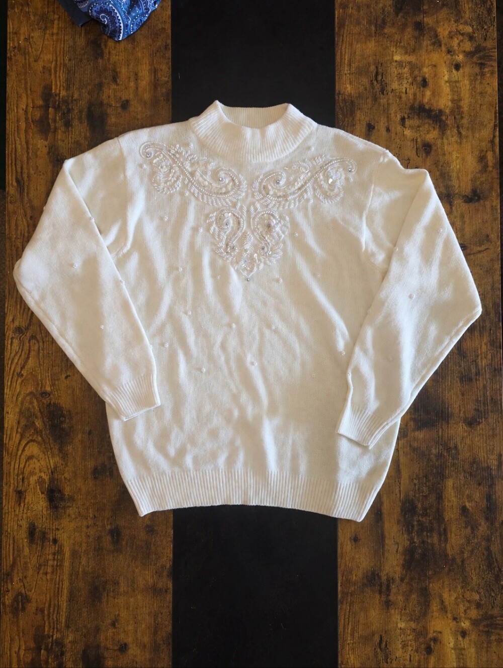 Alfred Dunner Ivory Beaded Sequin Mock Neck Sweater